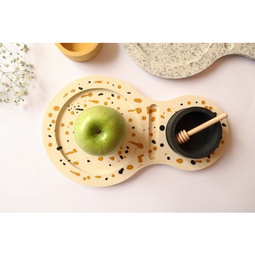 Handcrafted Apple Tray with Abstract Design and Black Honey Dish - Graciela Noemi