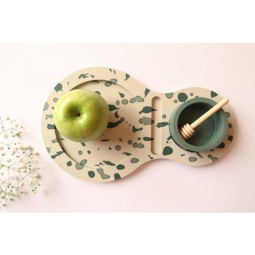 Handcrafted Apple Tray with Abstract Design and Green Honey Bowl - Graciela Noemi