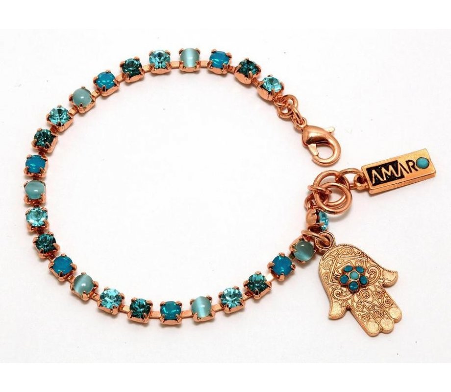 Handcrafted Bracelet, Small Blue Square Stones with Blue Palm Hamsa - Amaro