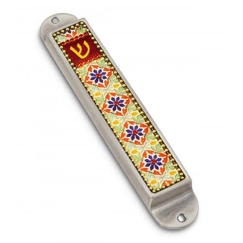 Handcrafted Ceramic Beaded Colorful Mezuzah Case, Flowers - Iris Design