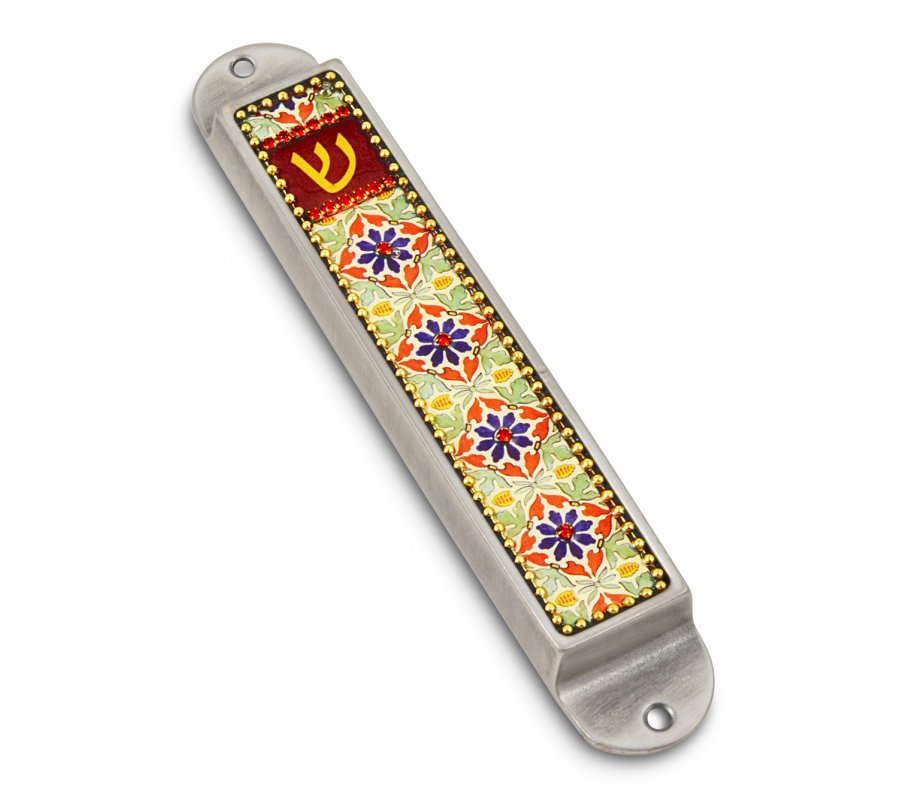 Handcrafted Ceramic Beaded Colorful Mezuzah Case, Flowers - Iris Design