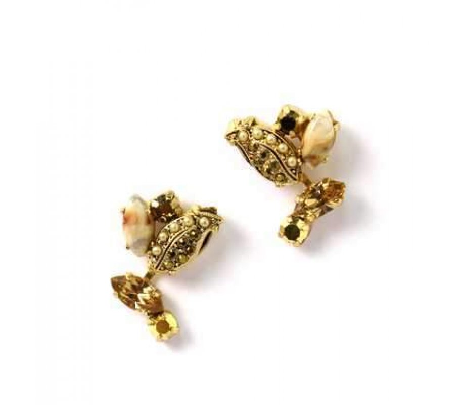 Handcrafted Earrings, Gold Leaf with Swarovski Crystals and More Gems - Amaro