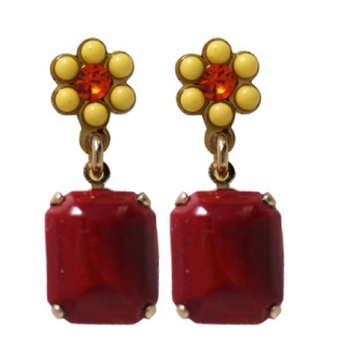 Handcrafted Flower Pot Post Earrings , Ruby Red and Gold - Amaro