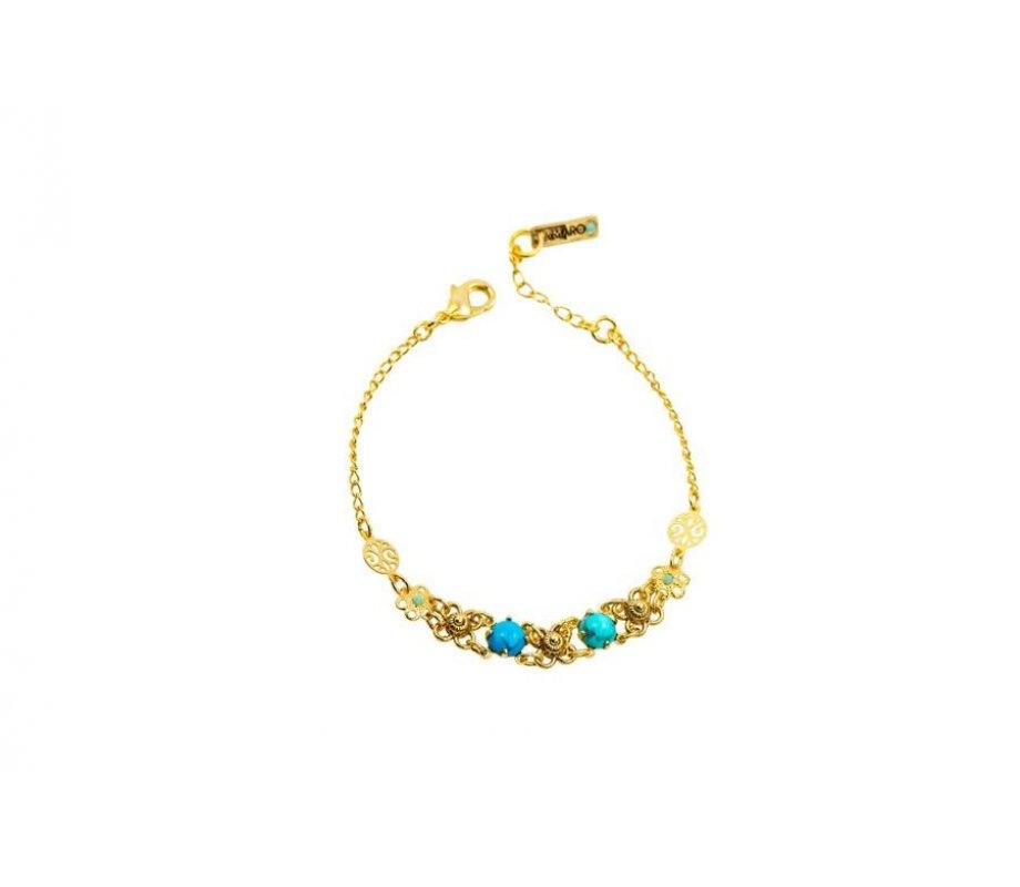 Handcrafted Gold Plate Bracelet, Turquoise Stones and Crystals - Amaro
