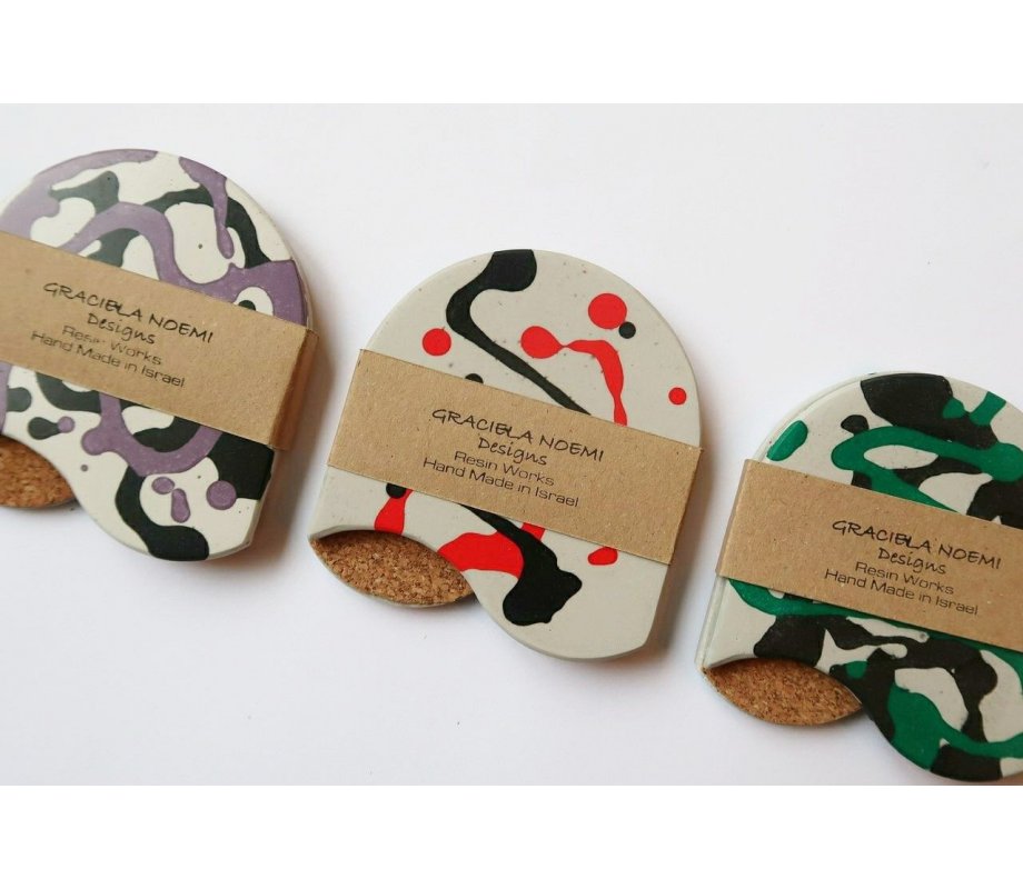 Handcrafted Pair of Coasters, Colored Abstract Design on Gray - Graciela Noemi