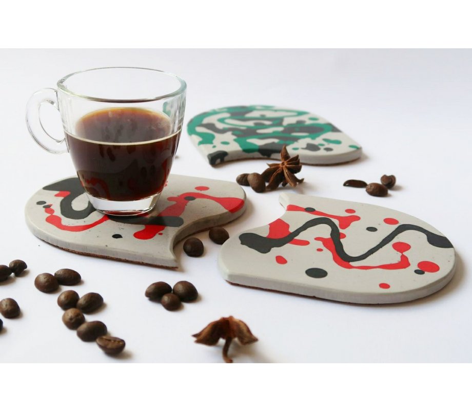 Handcrafted Pair of Coasters, Colored Abstract Design on Gray - Graciela Noemi