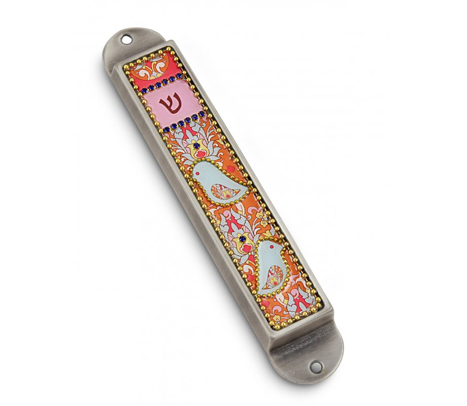 Handcrafted Pewter & Enamel Beaded Colorful Mezuzah Case, Love Birds - Iris Design