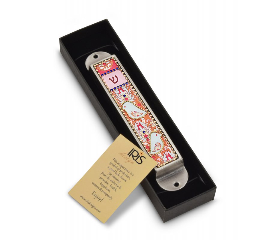 Handcrafted Pewter & Enamel Beaded Colorful Mezuzah Case, Love Birds - Iris Design