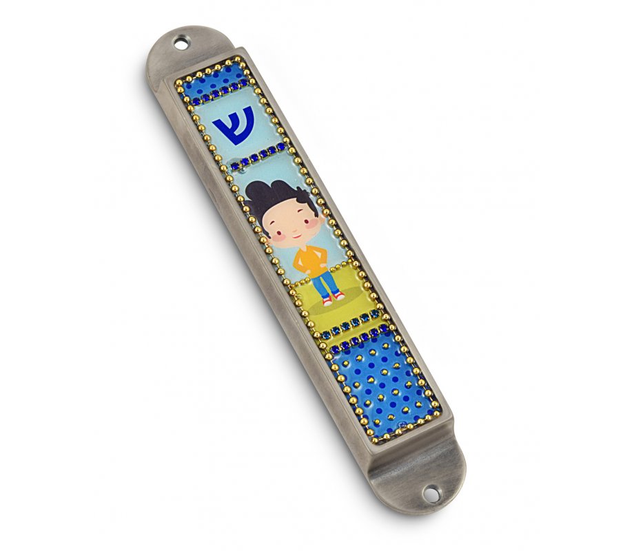 Handcrafted Pewter & Enamel Beaded Kids Mezuzah Case, Young Boy - Iris Design