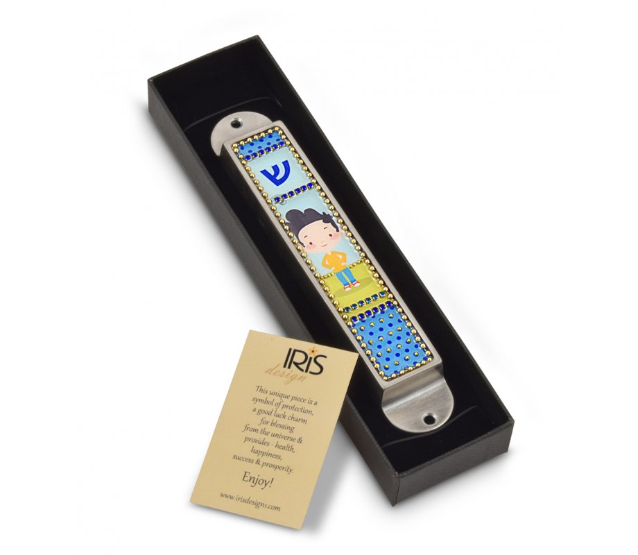 Handcrafted Pewter & Enamel Beaded Kids Mezuzah Case, Young Boy - Iris Design