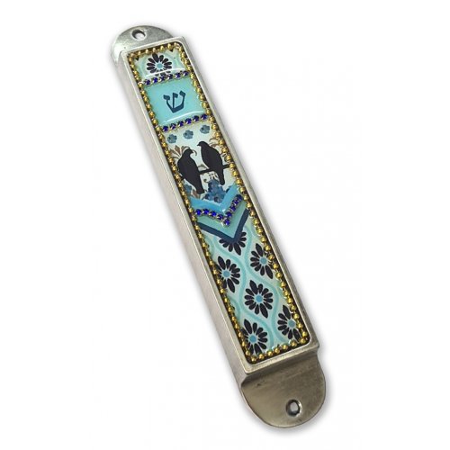 Handcrafted Pewter & Enamel Beaded Light blue Mezuzah Case, Love Birds - Iris Design