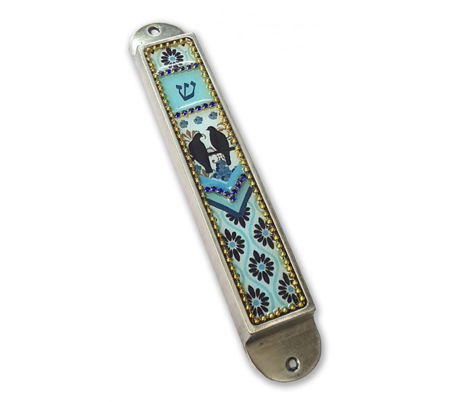 Handcrafted Pewter & Enamel Beaded Light blue Mezuzah Case, Love Birds - Iris Design
