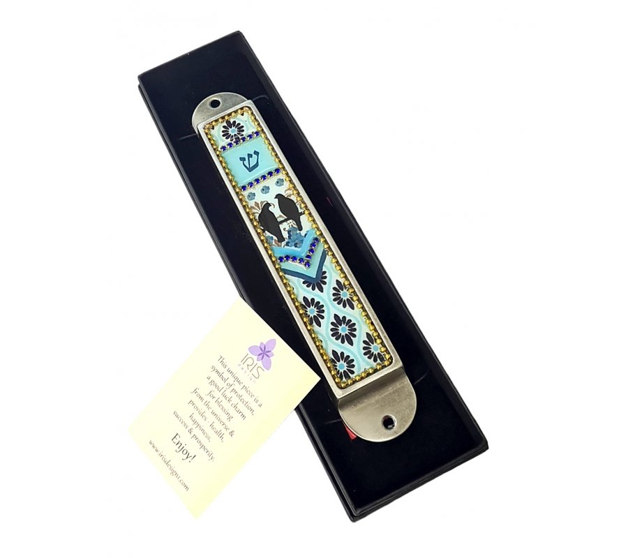 Handcrafted Pewter & Enamel Beaded Light blue Mezuzah Case, Love Birds - Iris Design