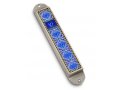 Handcrafted Pewter & Enamel Beaded Mezuzah Case, Blue Flowers - Iris Design