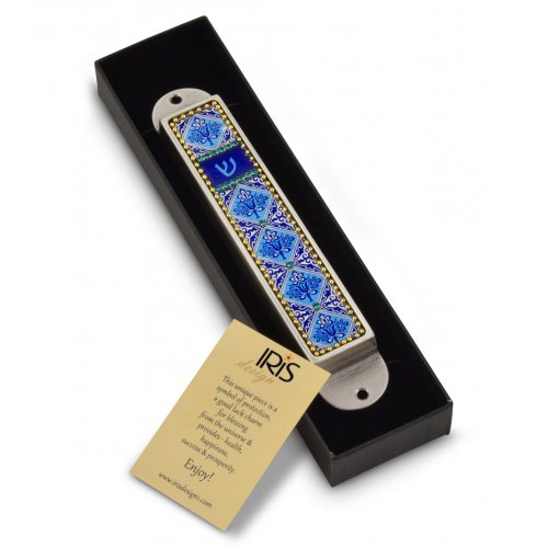 Handcrafted Pewter & Enamel Beaded Mezuzah Case, Blue Flowers - Iris Design