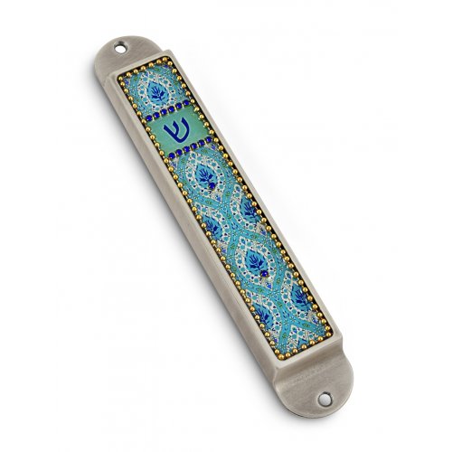 Handcrafted Pewter & Enamel Beaded Mezuzah Case, Floral Ovals - Iris Design