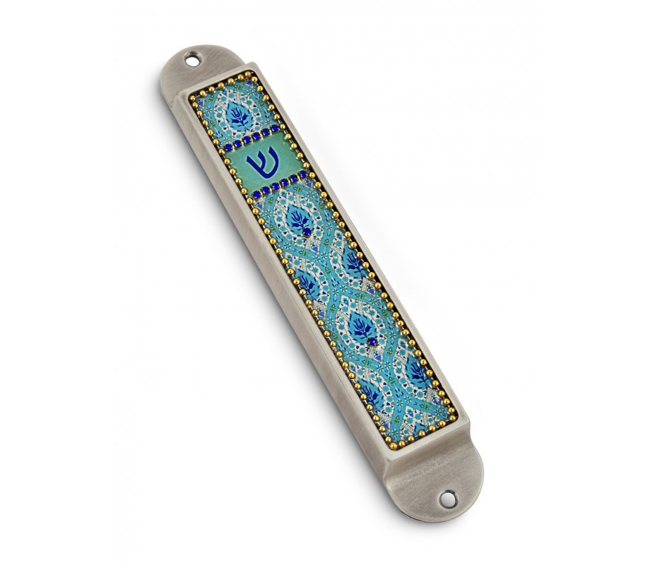 Handcrafted Pewter & Enamel Beaded Mezuzah Case, Floral Ovals - Iris Design