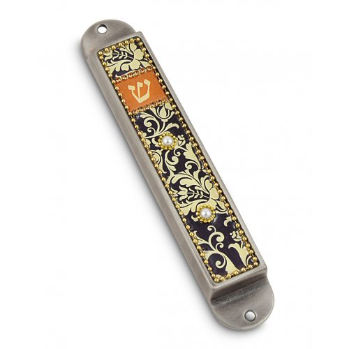 Handcrafted Pewter & Enamel Beaded Mezuzah Case, Florals on Black - Iris Design