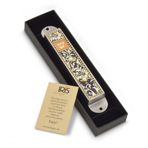 Handcrafted Pewter & Enamel Beaded Mezuzah Case, Florals on Black - Iris Design