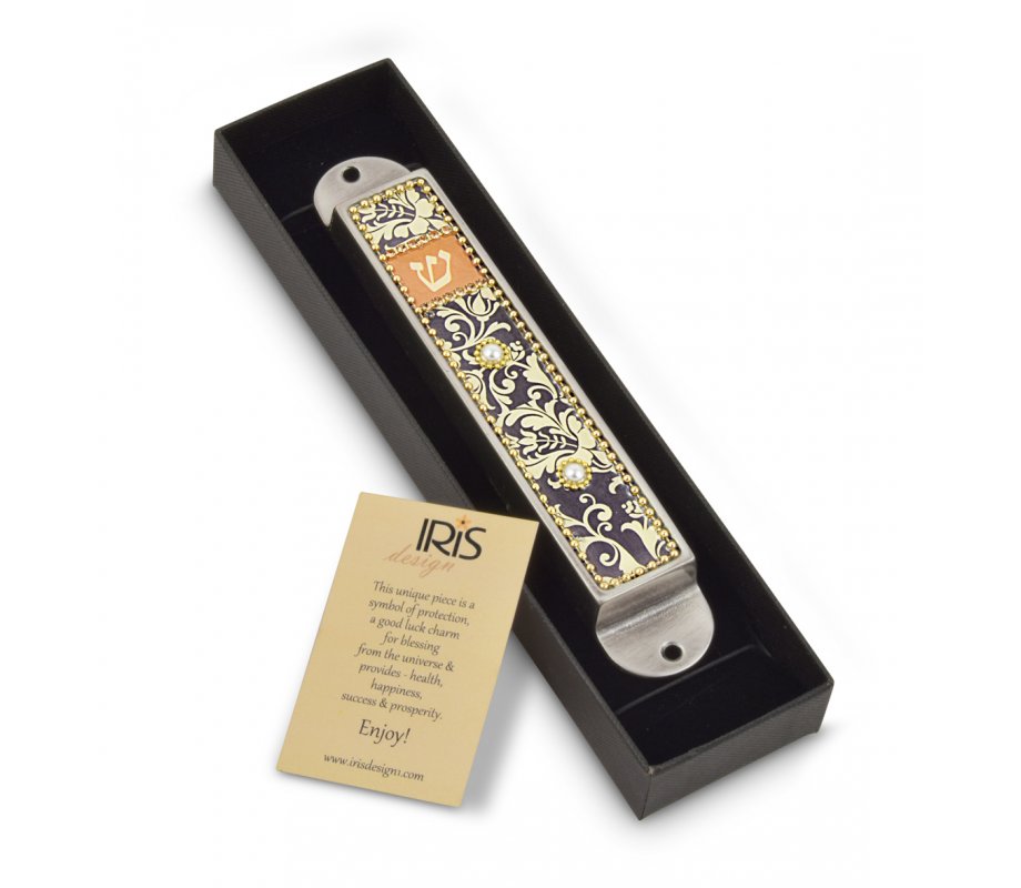 Handcrafted Pewter & Enamel Beaded Mezuzah Case, Florals on Black - Iris Design