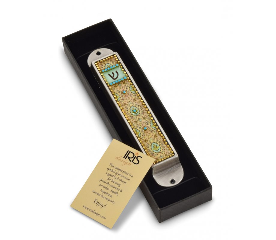 Handcrafted Pewter & Enamel Beaded Mezuzah Case, Flowers in Geometrics - Iris Design