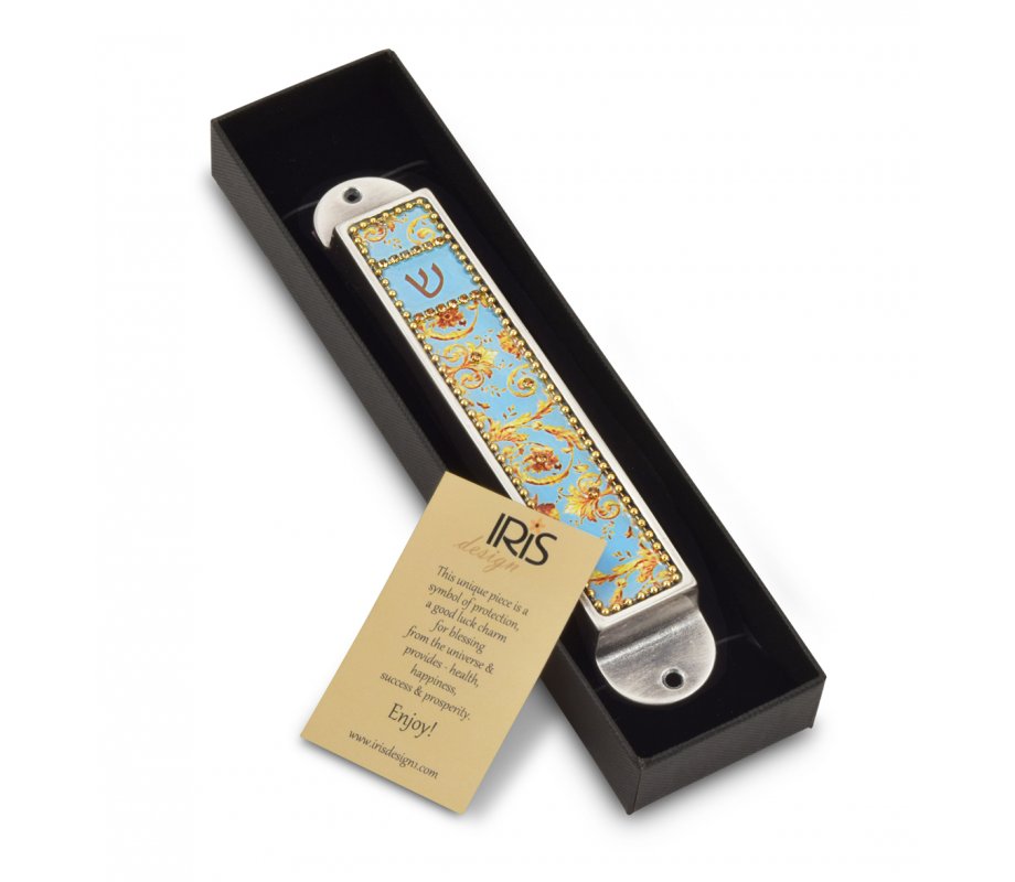 Handcrafted Pewter & Enamel Beaded Mezuzah Case, Golden Swirls - Iris Design