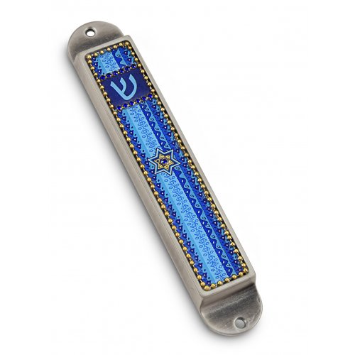 Handcrafted Pewter Beaded Mezuzah Case Blue, Star of David - Iris Design