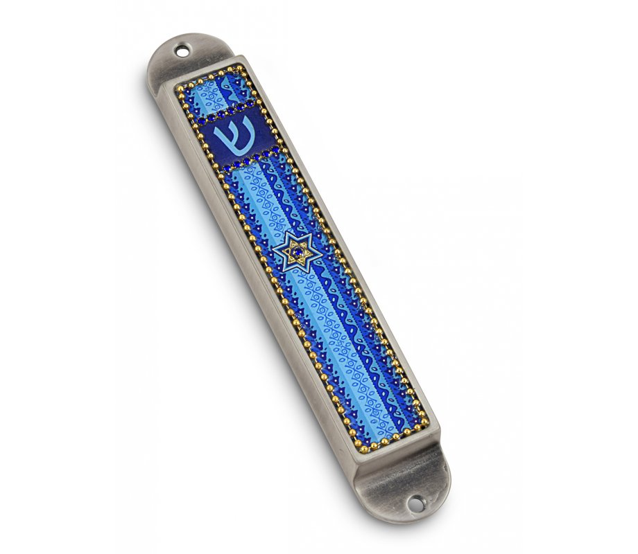 Handcrafted Pewter Beaded Mezuzah Case Blue, Star of David - Iris Design
