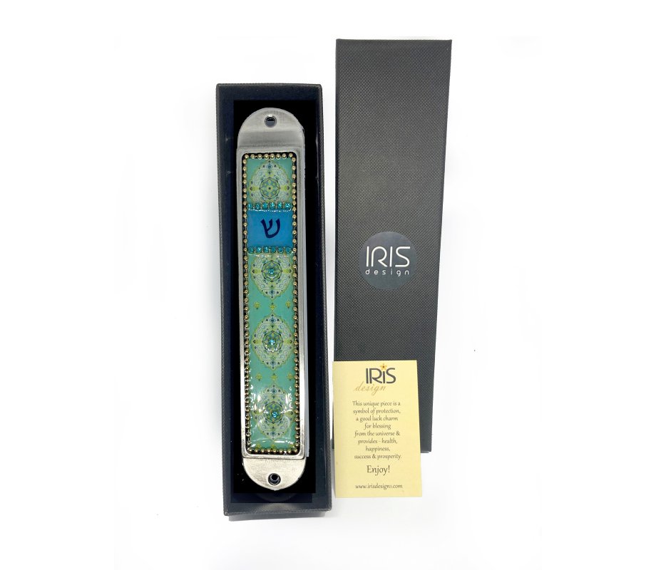 Handcrafted Pewter Enamel Beaded Mezuzah Case, Oriental Design - Iris Design