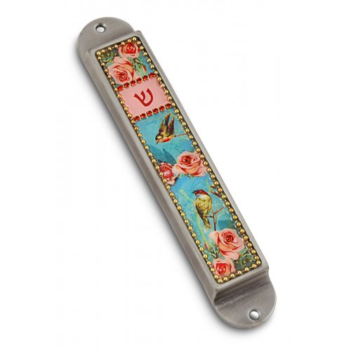 Handcrafted Pewter Enamel Beaded Mezuzah Case, Roses and Birds - Iris Design