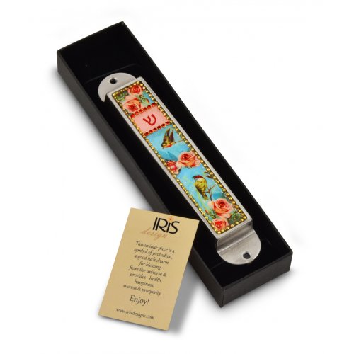 Handcrafted Pewter Enamel Beaded Mezuzah Case, Roses and Birds - Iris Design