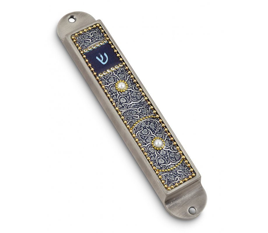 Handcrafted Pewter and Enamel Beaded Mezuzah Case, Dark Blue Swirls - Iris Design