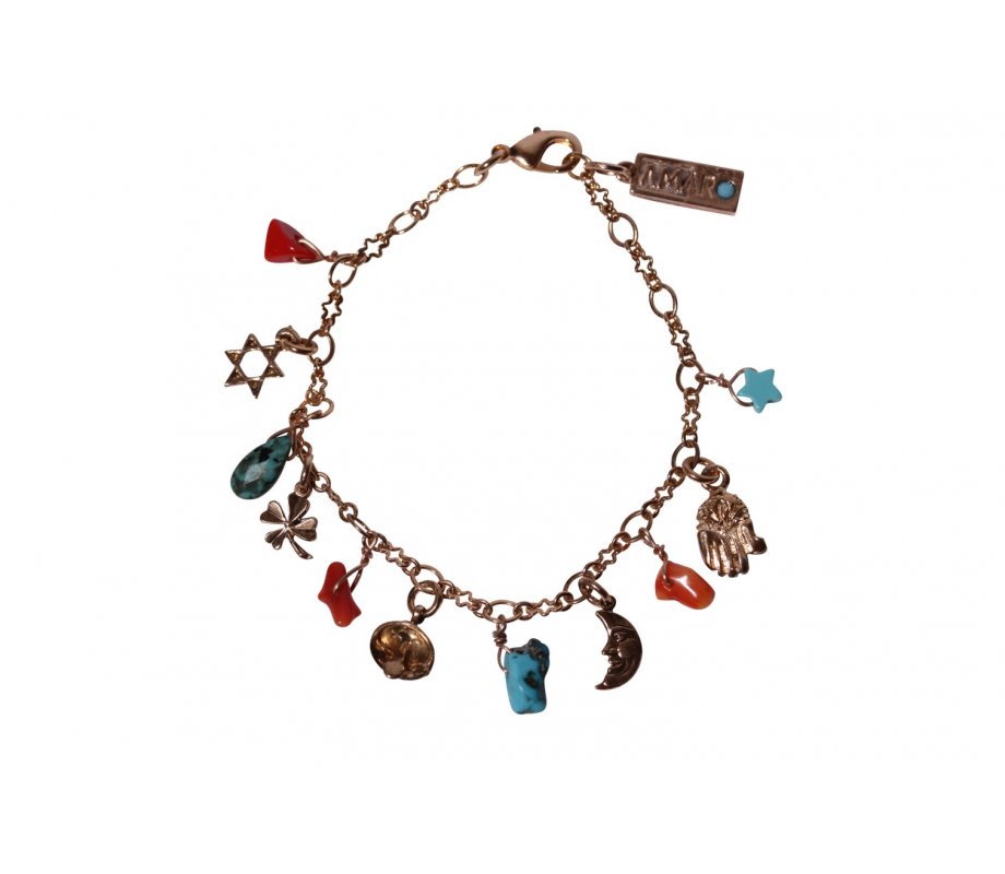 Handcrafted Rose Gold Plated Charm Bracelet with Colorful Jewish Charms - Amaro