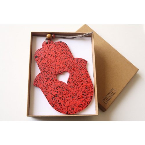 Handcrafted Terrazzo Hamsa with Red and Black Dots, Cutout Heart  Graciela Noemi