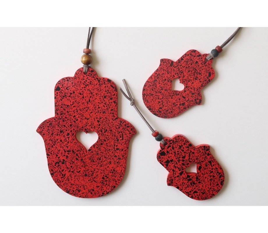 Handcrafted Terrazzo Hamsa with Red and Black Dots, Cutout Heart – Graciela Noemi