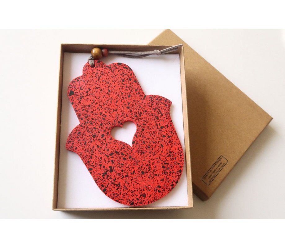 Handcrafted Terrazzo Hamsa with Red and Black Dots, Cutout Heart – Graciela Noemi
