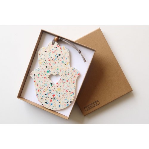 Handcrafted Terrazzo Hamsa with White and Colored Dots, Cutout Heart - Graciela Noemi