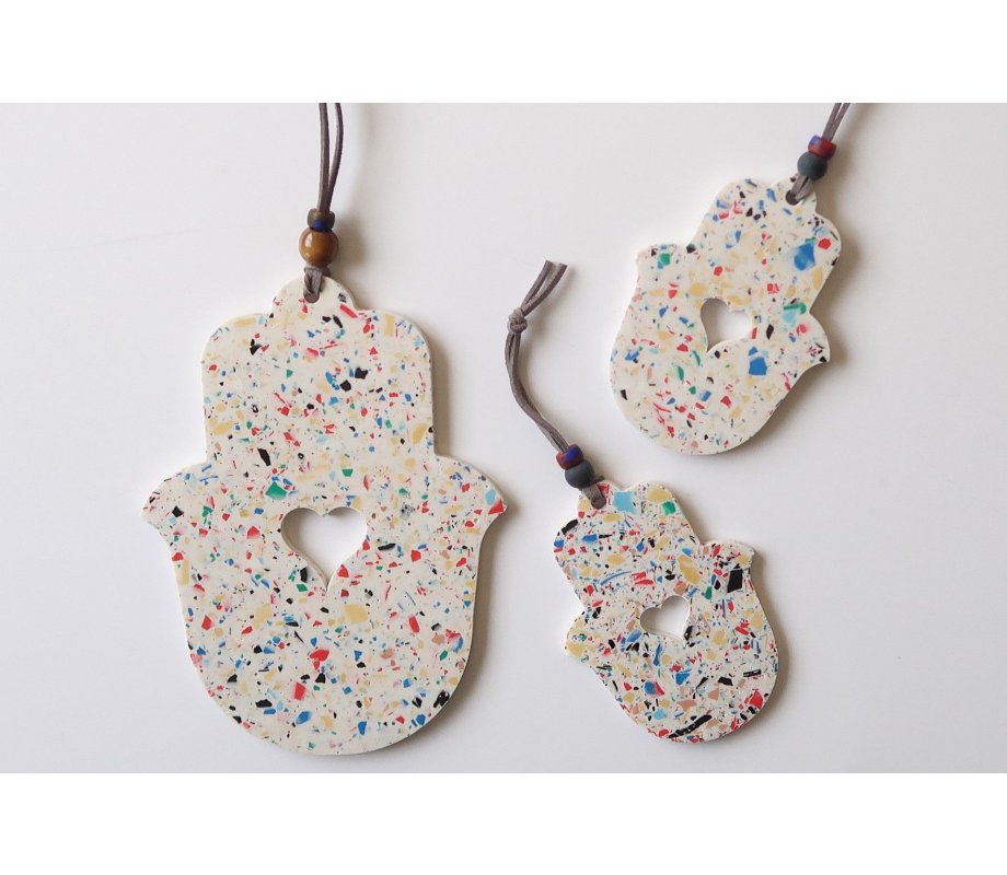 Handcrafted Terrazzo Hamsa with White and Colored Dots, Cutout Heart - Graciela Noemi