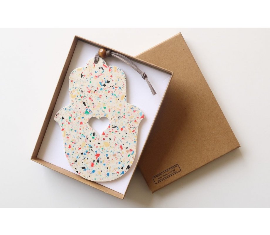Handcrafted Terrazzo Hamsa with White and Colored Dots, Cutout Heart - Graciela Noemi