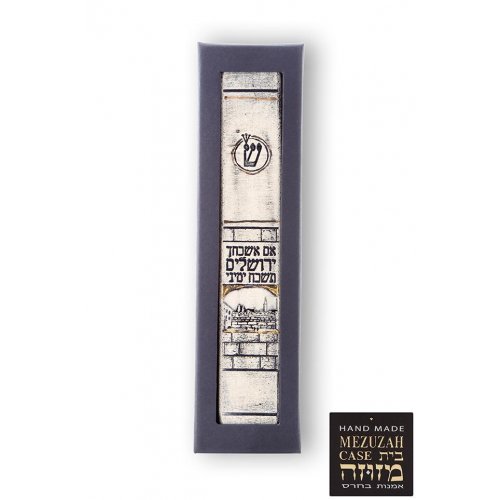 Handmade Ceramic Mezuzah Case with The Wall, Jerusalem and Psalm Words - Art in Clay
