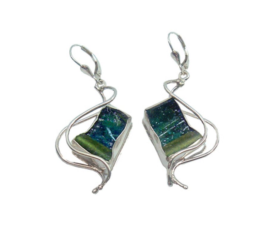 Handmade Dangle Earrings Sterling Silver and Roman Glass, Dancing Waves – Michal Kirat