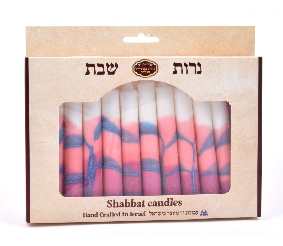 Handmade Decorative Galilee Shabbat Candles - Gray, White and Pink with Streaks