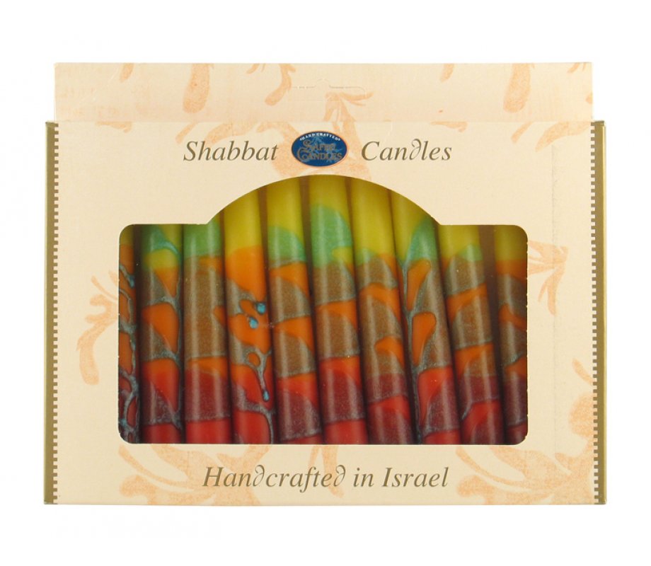 Handmade Decorative Galilee Shabbat Candles - Green, Yellow and Red with Streaks