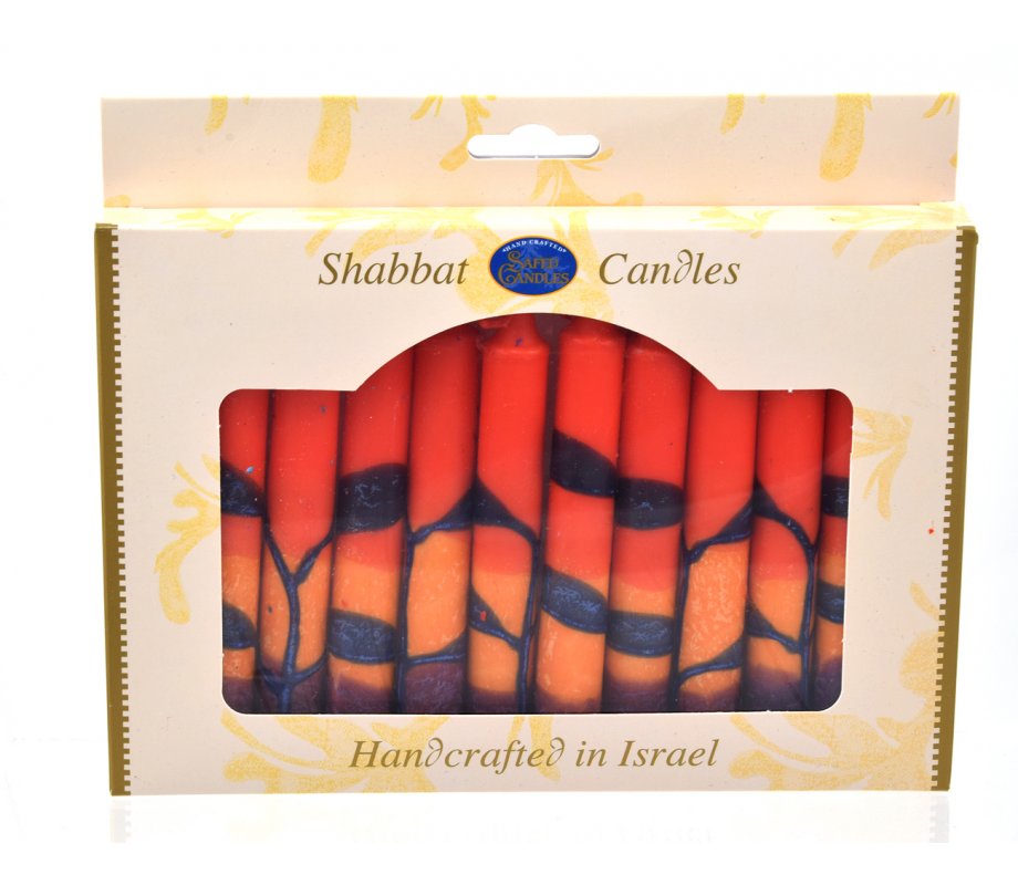 Handmade Decorative Galilee Shabbat Candles - Purple, Orange and Red with Streaks
