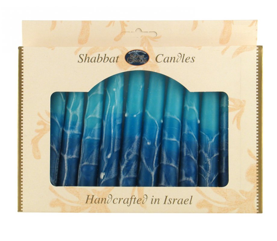 Handmade Decorative Galilee Shabbat Candles - Turquoise and Blue with Streaks