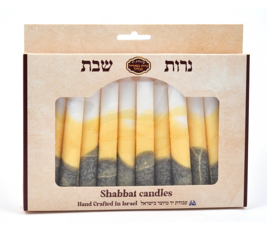 Handmade Decorative Galilee Shabbat Candles - White, Almond and Bronze with Streaks