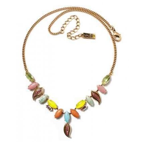 Handmade Gold Necklace with Colorful Leaf Shapes, Semi Precious Stones - Amaro