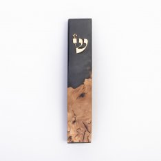 Handmade Mezuzah Case, Natural Olive Wood and Black Epoxy - Eial Ovin