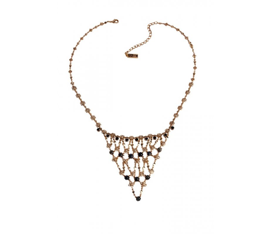 Handmade Necklace of Semi-Precious Black Gems in Flower Lace Collar Design – Amaro