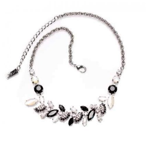 Handmade Necklace with Black and White Leaf Shapes, Semi Precious Stones - Amaro